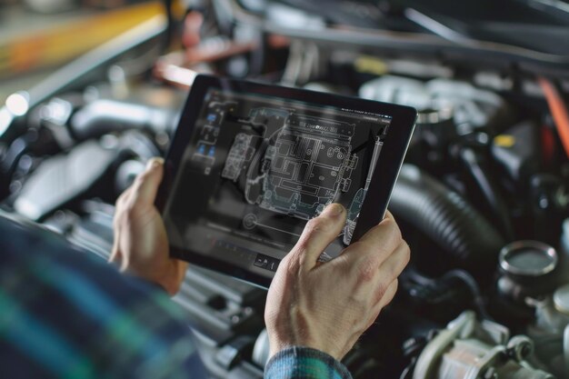 Foto mani che tengono un tablet con una sovrapposizione di software diagnostico su un motore di auto