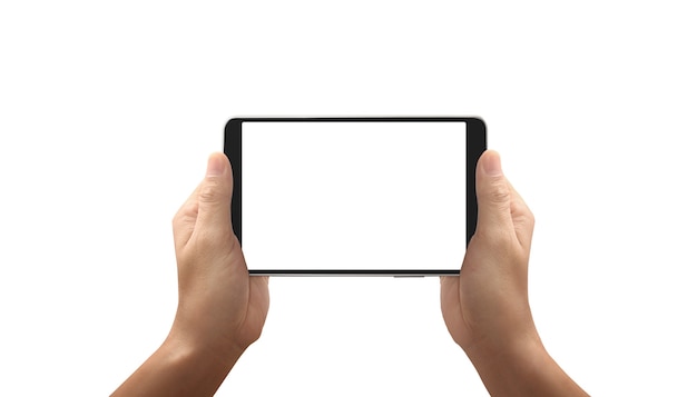 Hands holding tablet with blank screen isolated on white background