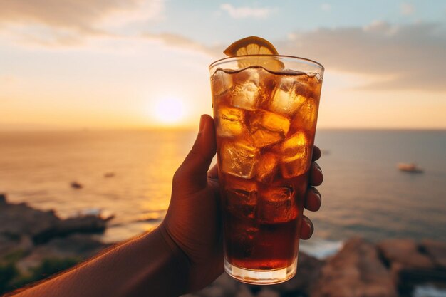 Hands holding a tall glass of iced tea against a summery outdoor backdrop