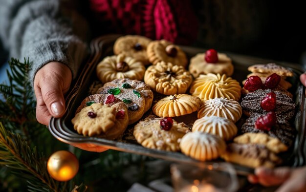 Руки, держащие поднос с новогодними печенье.