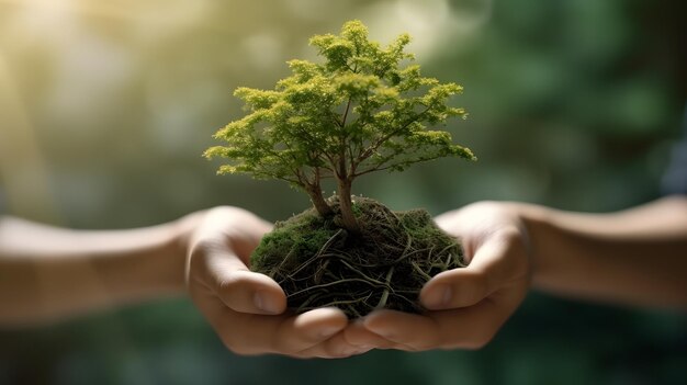 Hands holding a tree grow AI generated