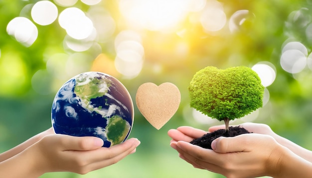 Photo hands holding a tree and a heart shaped tree with a heart in the background