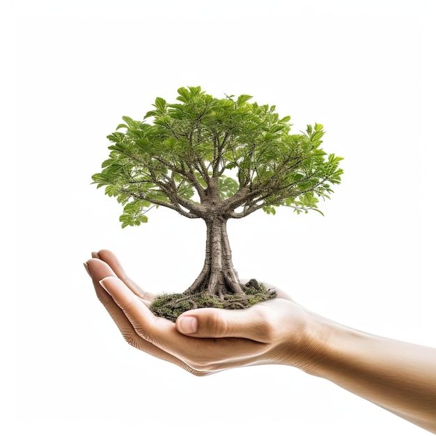 hands holding a tree with protect concept isolated on white background