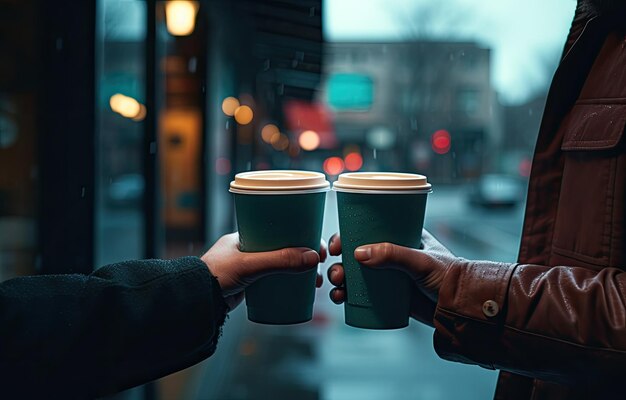 Photo hands holding two mugs