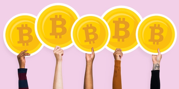 Hands holding up bitcoins clipart