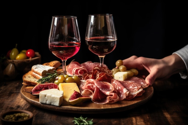 Photo hands holding a variety of wine and charcuterie on a wooden board