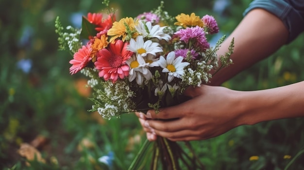 Hands holding a vibrant bouquet of mixed flowersxA