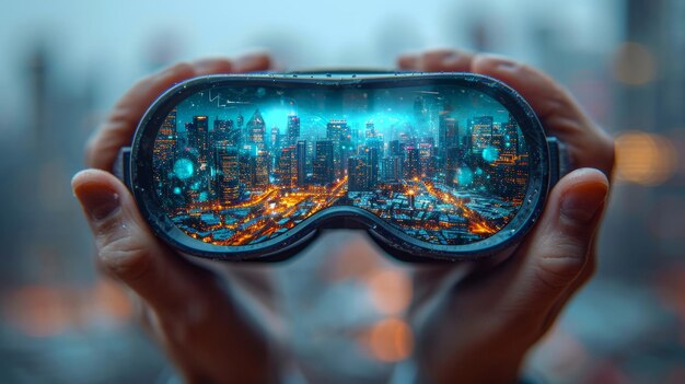 Photo hands holding virtual reality glasses against the background of the night city in cyberpunk style