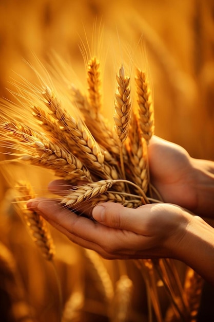 hands holding wheat ears against a golden background