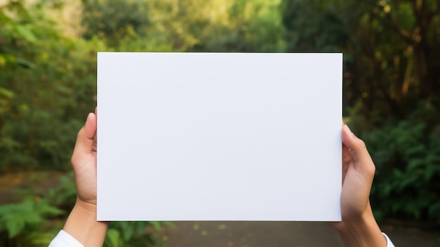 Hands holding white blank paper sheet with nature background stock photo Generative AI