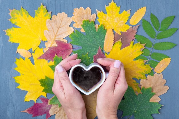 Photo hands holding a white mug in the shape of a heart with steaming coffee or tea on the background of autumn fallen dry colorful leaves. autumn blues concept. autumn depression.