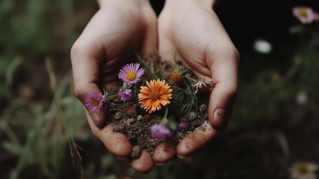 Foto mani che tengono un fiore selvatico con la terra prendersi cura della natura e dell'ambiente giorno della terra generativo ai