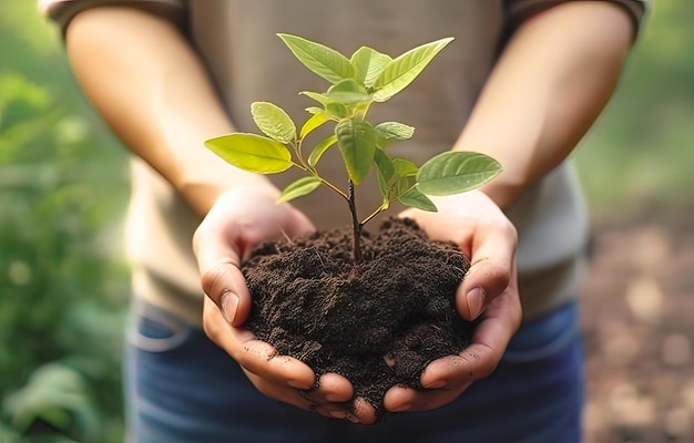 Hands holding young plant with soil over blurred nature background Ecology concept