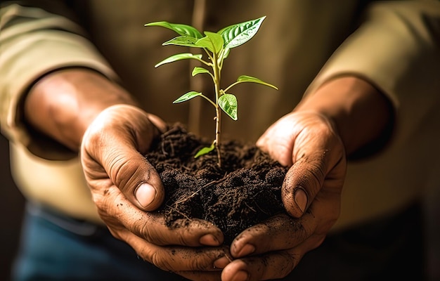 Hands holding young plant with soil over blurred nature background Ecology concept