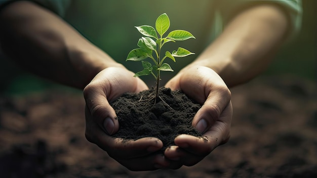 Hands holding young plant with soil in nature background Ecology concept