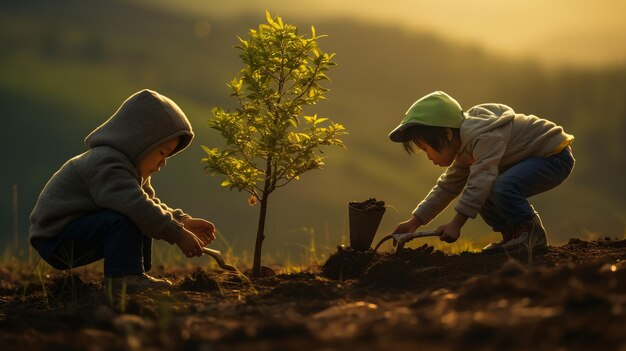 Foto mani che tengono giovani alberi che preparano piante nel suolo nel giardino come concetto di salvataggio del mondonaturee