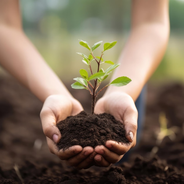 Hands holding young tree on soil background for planting