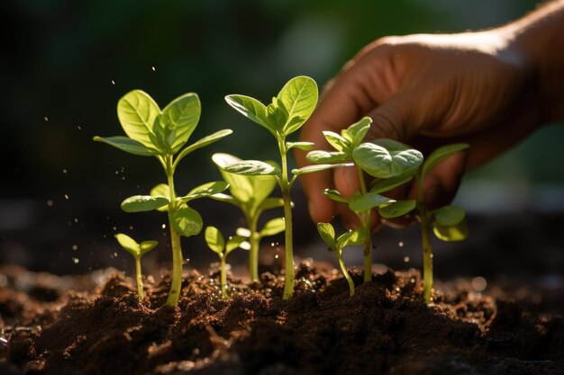 Hands holdings plant growing on sunset background