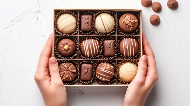 Photo hands holds a box of chocolates assorted chocolates confectionery in their gift box