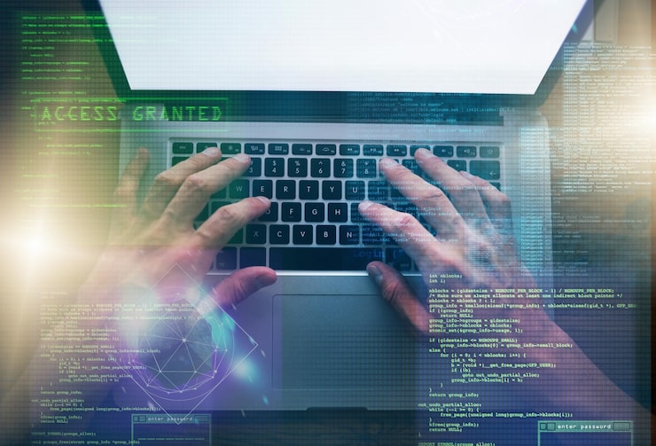 Photo hands holographic and man with laptop keyboard and coding with internet connection and software update person hacker and guy with computer overlay and cyber security with system and programming