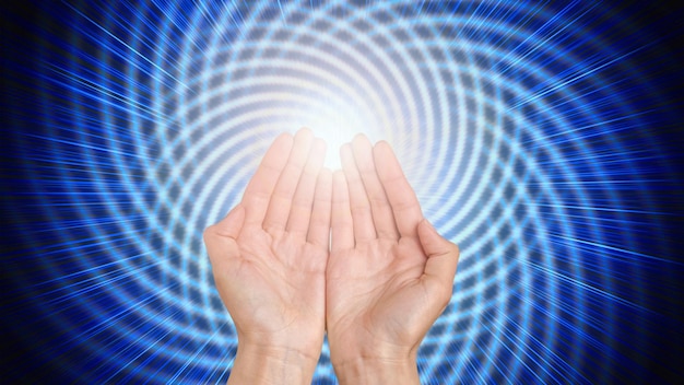 Photo hands of human praying on cross bokeh background