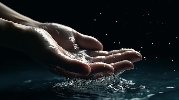 Mani di un essere umano con un'acqua ai generativa