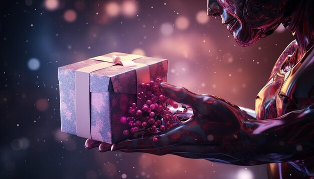 hands of humanoid android cyborg designed by holding gift box decorated with Christmas Banner