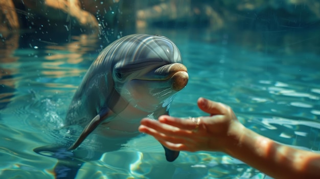 Руки взаимодействуют с игривым и дружелюбным дельфином