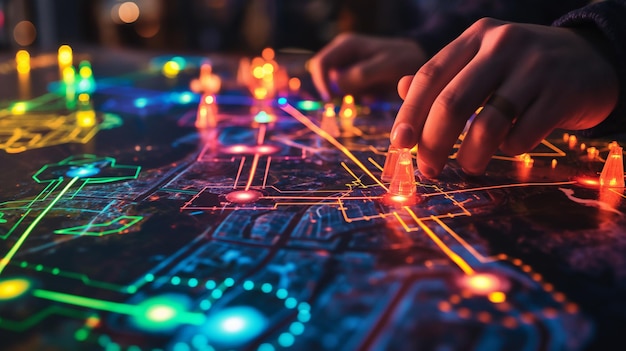 Hands interacting with a vibrant illuminated city map with glowing markers