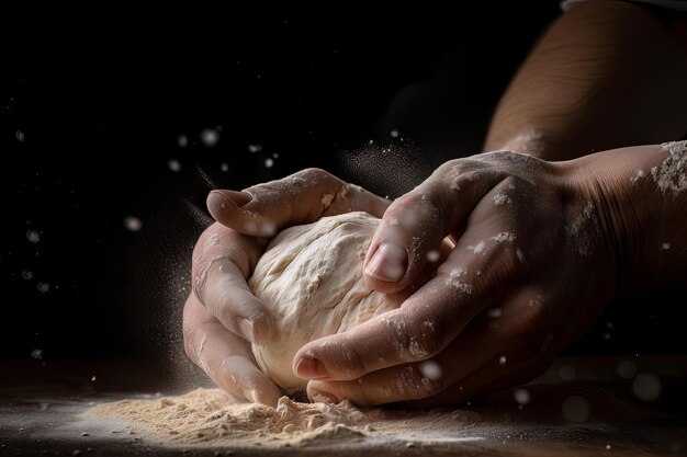 Foto mani che impastano la pasta su uno sfondo scuro in cucina lo chef si prepara per cuocere la pizza del pane