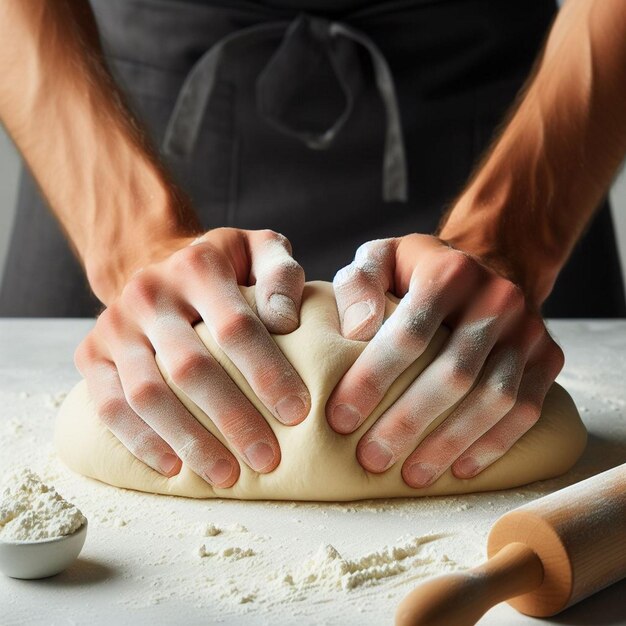 Photo hands kneading dough on a table