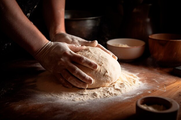 Hands kneading dough on table