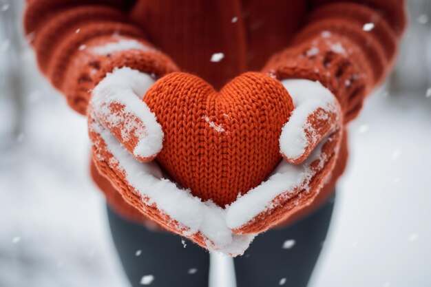 Hands in knitted mittens shaping a heart from snow