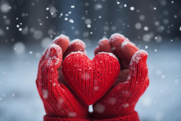 Photo hands in knitted mittens shaping a heart from snow