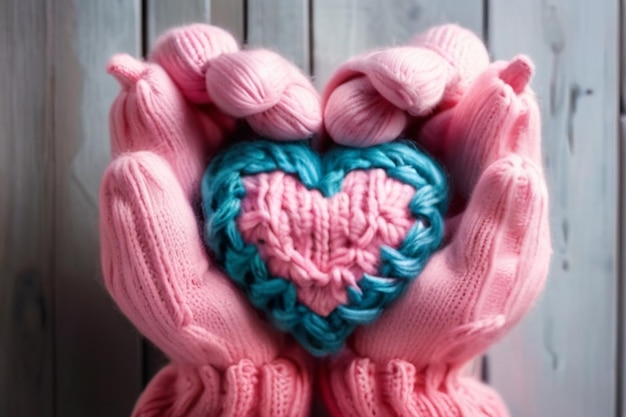 Photo hands in knitted woolen gloves holding wooden pink heart