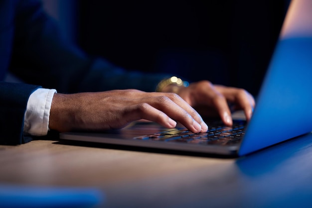 hands laptop and typing with business man coding or writing report information technology and data analysis email networking and research with programmer and software upgrade with digital update