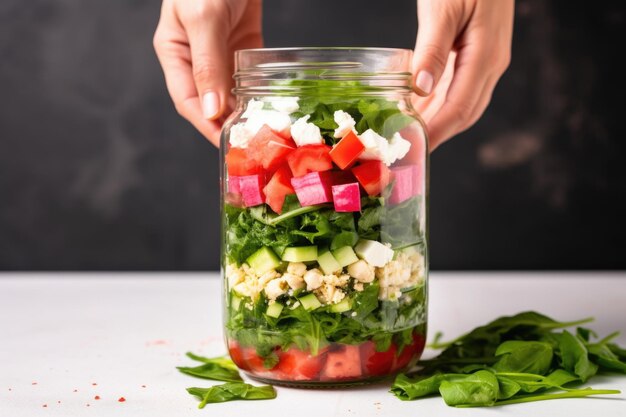 Hands layering fresh watermelon and crumbled feta in a mason jar salad