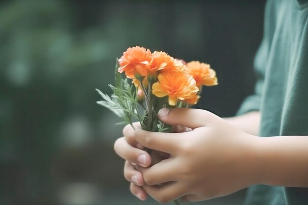 Hands of a little girl holding bouquet of flowers Created using generative Al tools