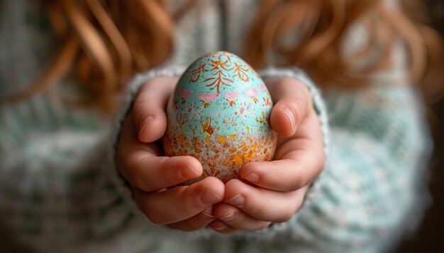 Foto le mani di una ragazzina che tiene dipinto l'uovo di pasqua vista anteriore happy easter holiday design