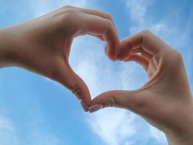 Hands making heart shape against sky