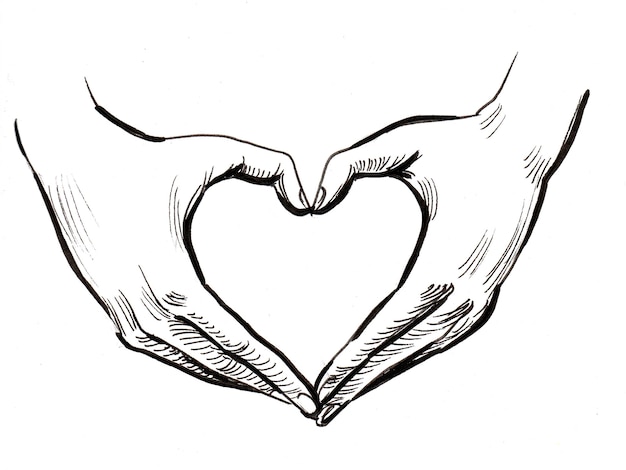 심장 모양을 만드는 손. 잉크 흑백 그림
