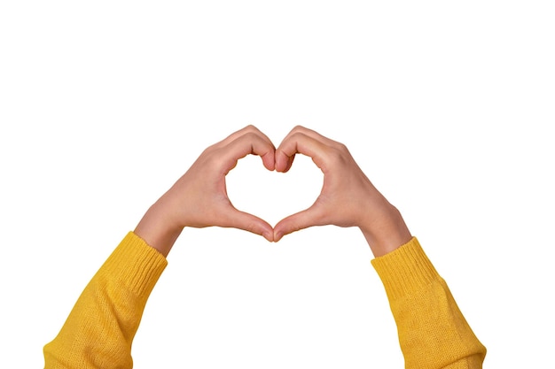 Photo hands making heart shape love symbol isolated on white background