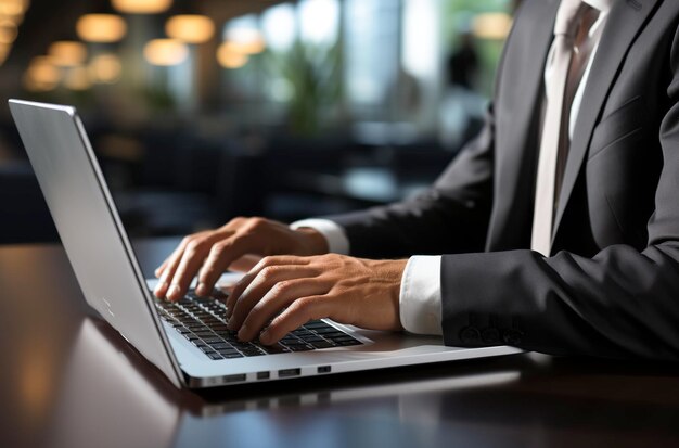 Photo hands of a male businessman working at a laptop