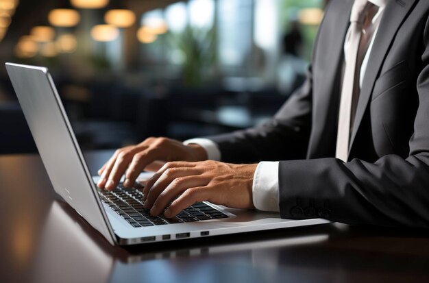 Hands of a male businessman working at a laptop