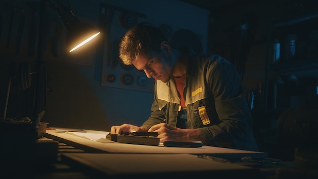 Hands of male engineer works with drawings lying sketch