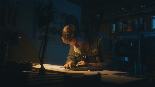 Hands of male engineer works with drawings lying sketch