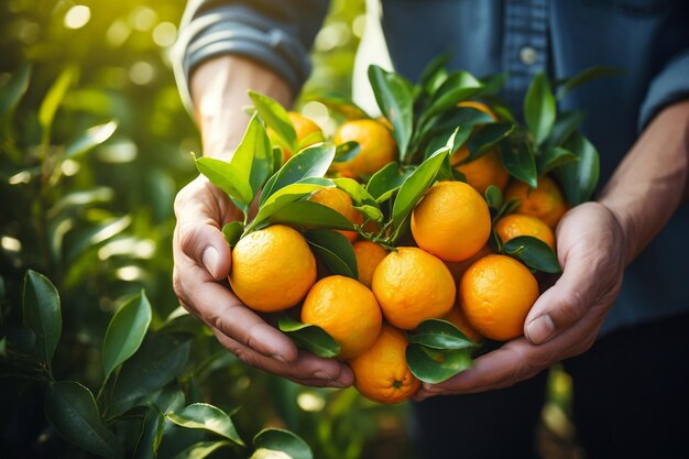 オレンジを摘む男性農家の手を間近で見る 生成 AI