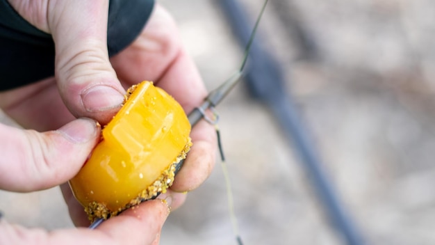 The hands of a male fisherman in action stuff carp food into a flat feeder