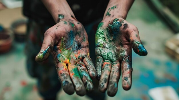 The hands of a man are covered in paint with smudge