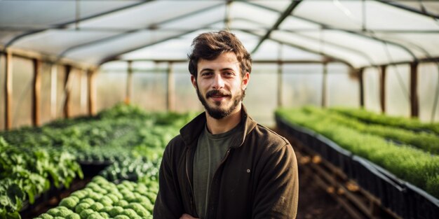 Foto mani di un uomo che tiene una piccola piantina in una serra prodotti agricoli biologici ia generativa